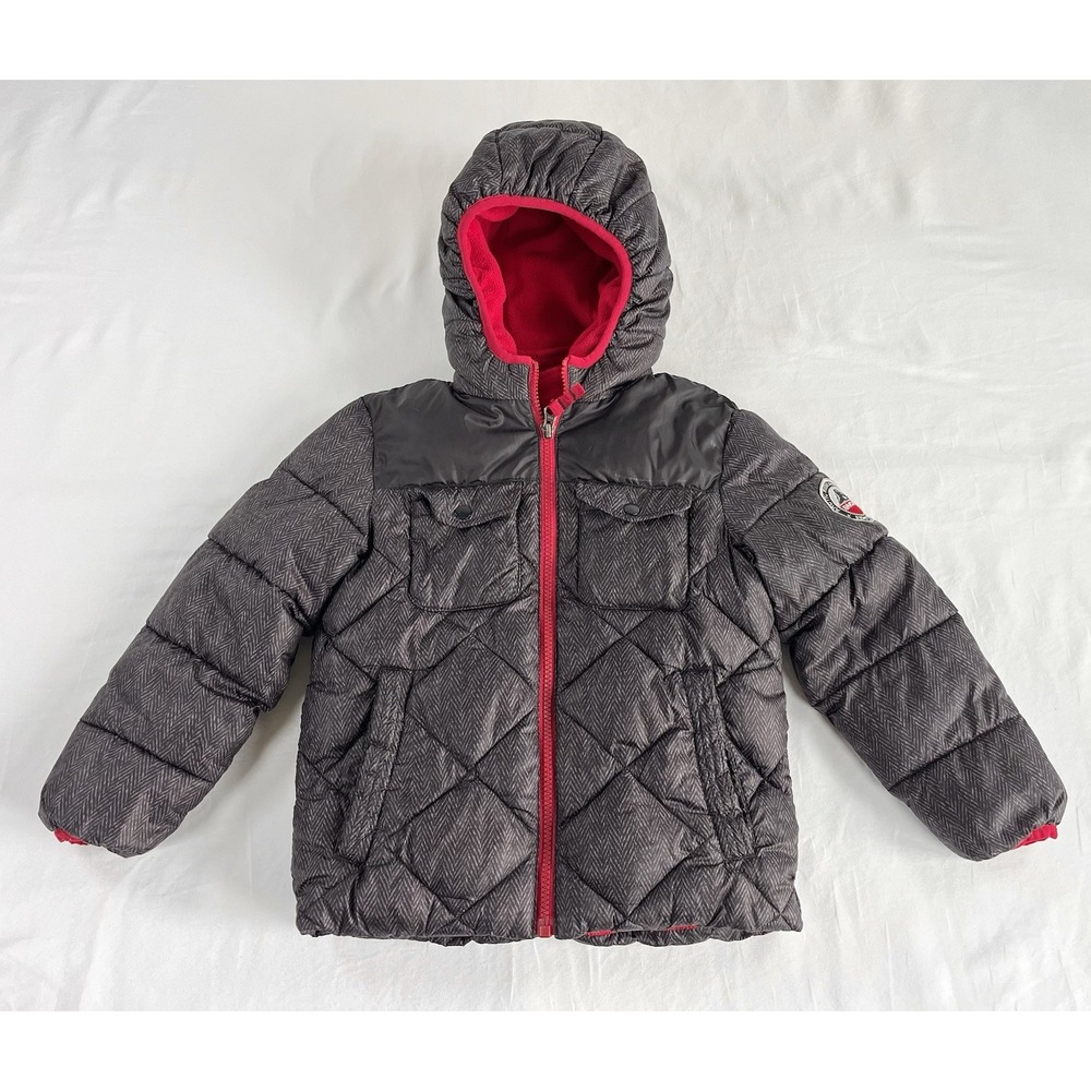 Snozu Kids Youth Puffer Jacket Size 5 Black Red Hooded Fleece Lined Coat